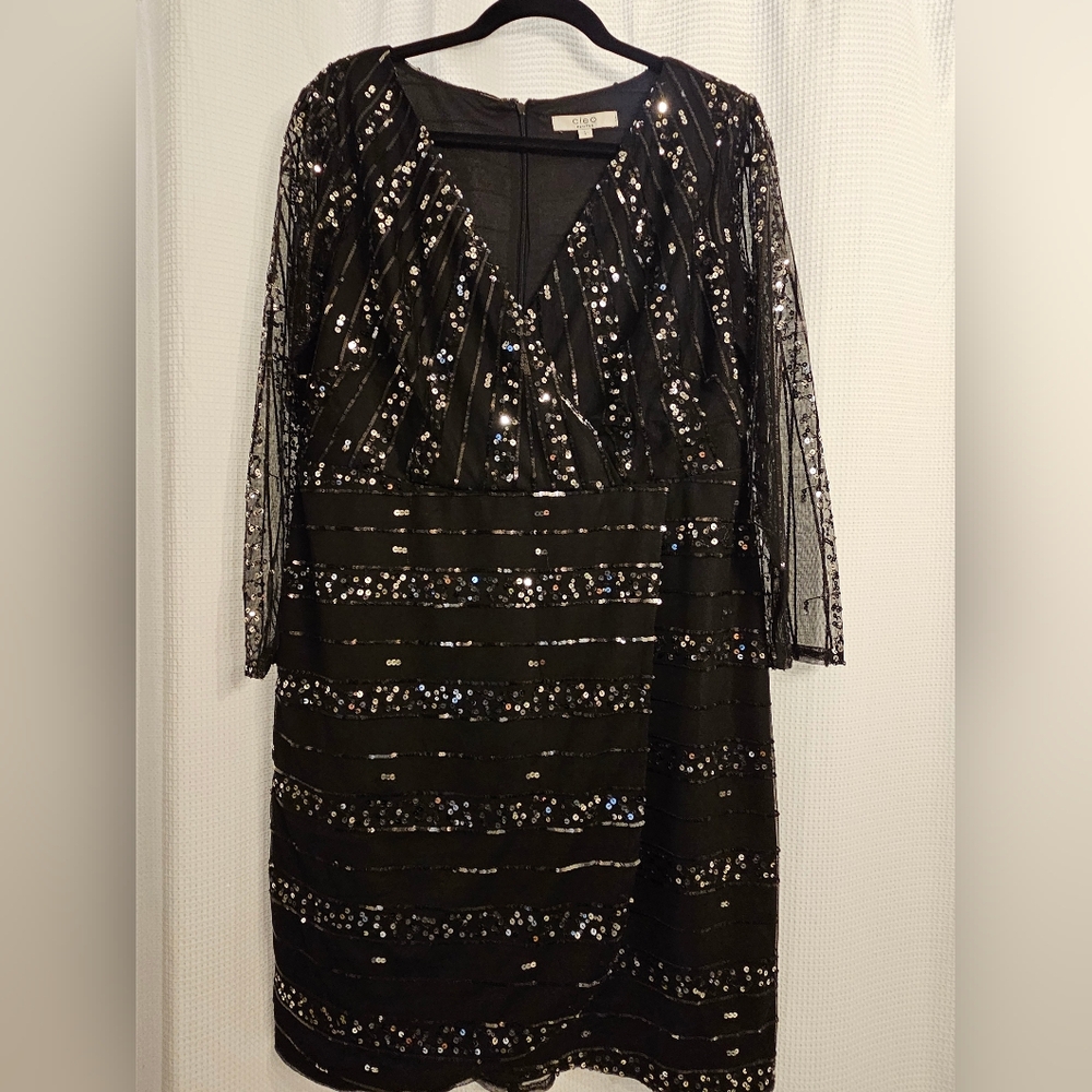 Black Faux Wrap Sequin Dress